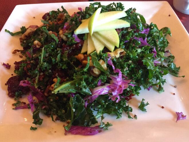 a plate of greens with purple cabbage and green apple