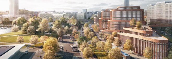 rendering of large, winding brown building with a cycling path on the roof