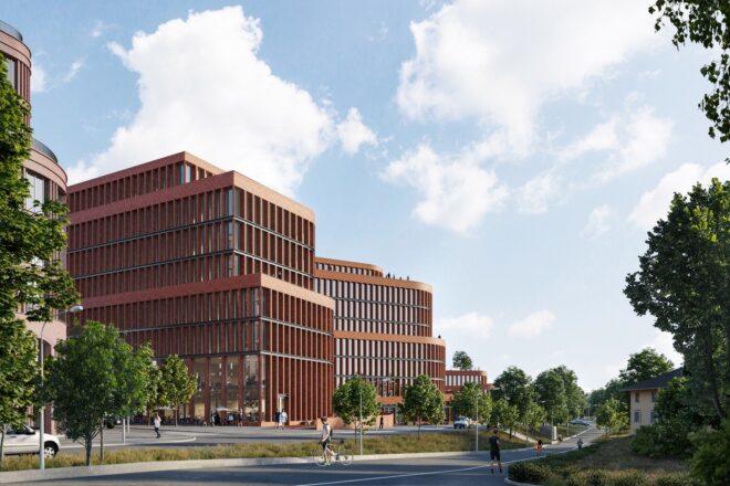 rendering of tall brown building with several narrow windows