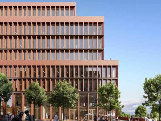 rendering of brown building with tall, narrow windows
