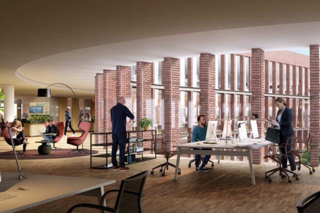 rendering of people working at computers in office with exposed brick walls