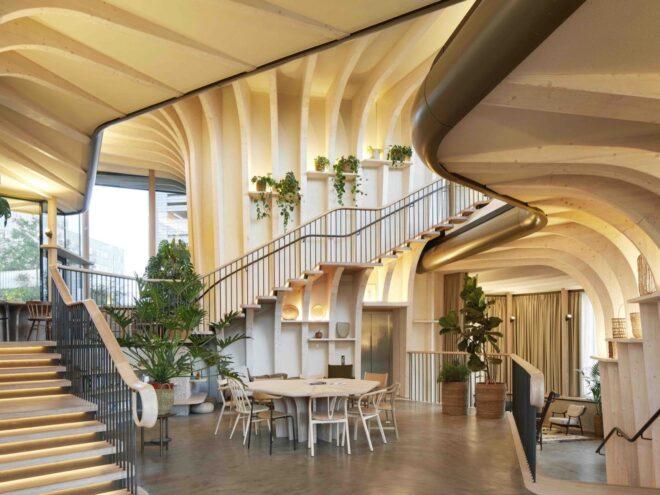 wood-lined interior with curving walls, several plants and wood tables and chairs
