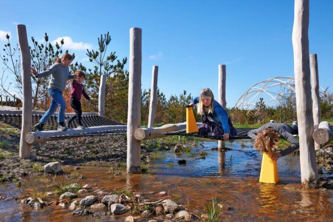 kids climbing an outdoor obstacle course