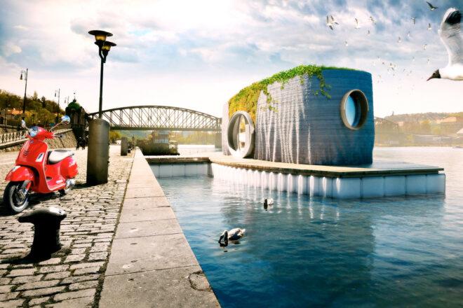 rendering of concrete floating home with a green roof