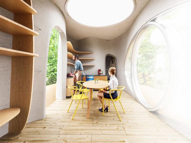 rendering of curvy room with wood dining table and built-in bookshelves on the walls