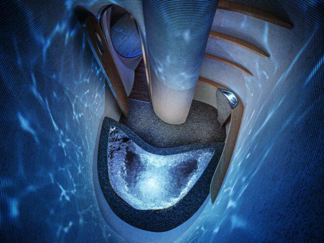 rendering of curvy blue bathroom