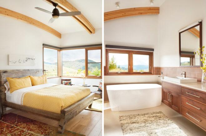 On the left, large bed with yellow bedding. On the right, bathroom with freestanding tub.