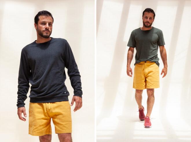 person wearing yellow shorts and gray hemp shirt
