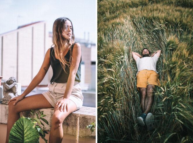 On the left, person wearing gray hemp tank top and white shorts while sitting on a ledge. On the right, person in white shirt and yellow shorts lying in tall grass