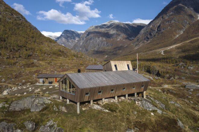 wood cabins with slanted roofs