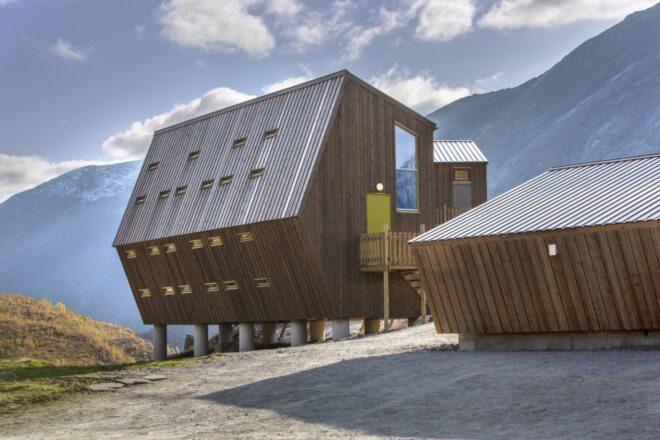 cabin with sharply slanted roof