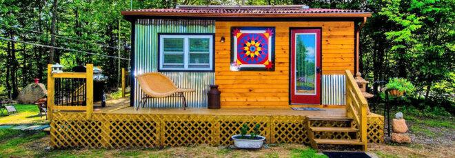 tiny home with wood and corrugated metal exterior