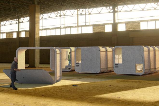 warehouse with several plywood cube buildings