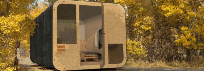plywood cube building in a forest