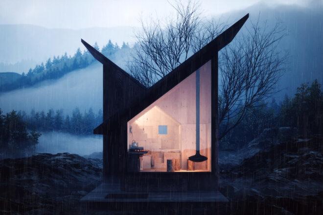 black cabin with two angled roofs in a forest