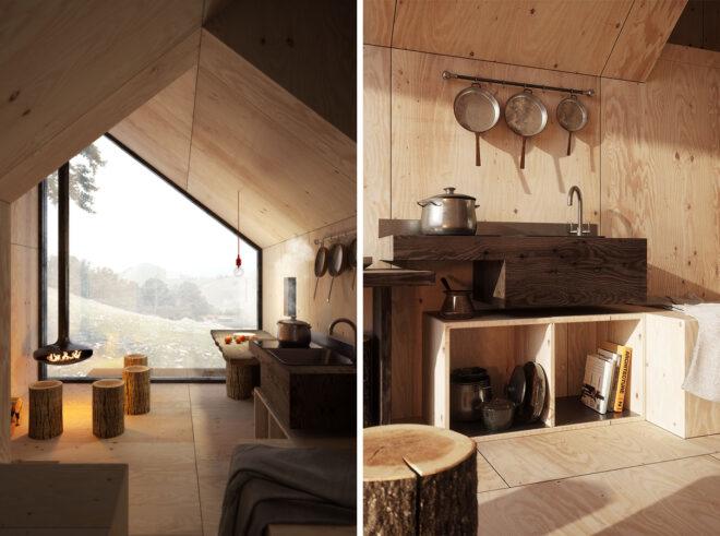 On the left, open-plan living space with wood furnishings and a wall of glass. On the right, small kitchen with pans hanging on the wall.