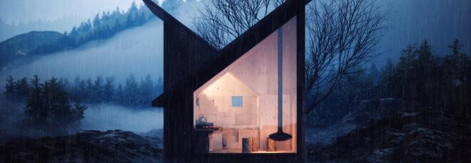 black cabin with two angled roofs in a forest