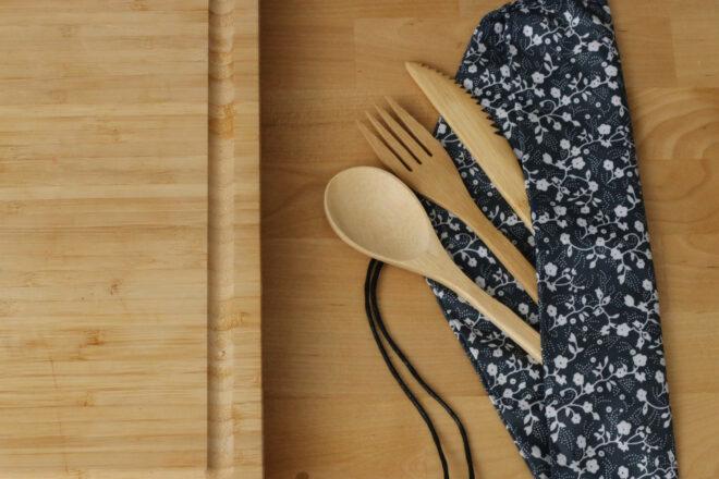 cloth bag with reusable bamboo eating utensils