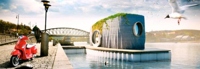 rendering of concrete floating home with a green roof