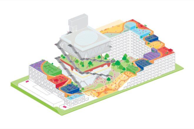 diagram of large building with terraced roofs