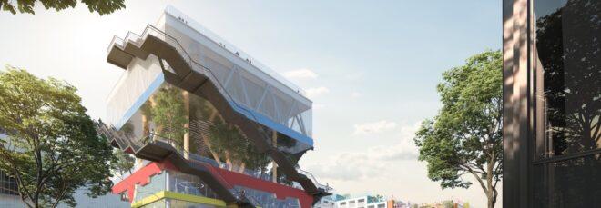 rendering of colorful stairs leading up to colorful building