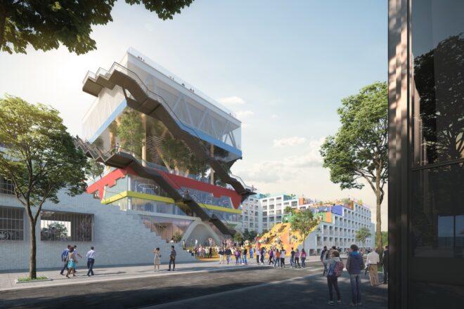 rendering of colorful stairs leading up to colorful building