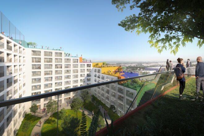 rendering of people standing on green roof looking down at green courtyard below