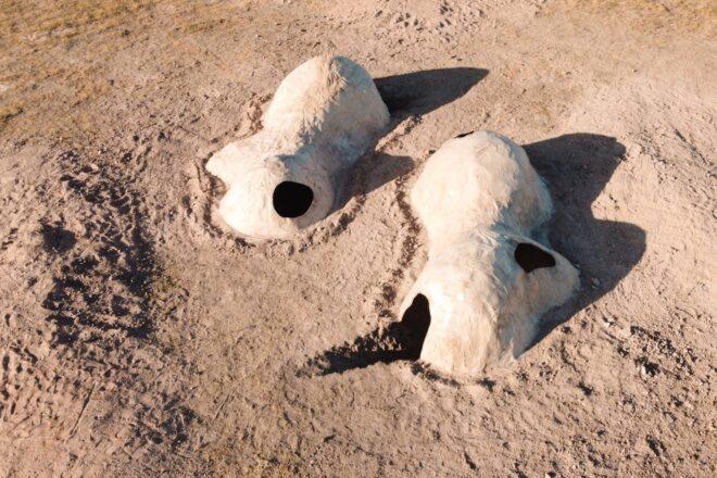 aerial view of two elongated, irregular paper domes in the desert
