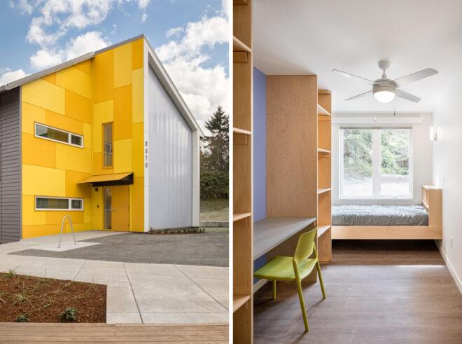 On the left, yellow structure with gabled roof. On the right, room with double bed, small desk, and floor-to-ceiling shelves