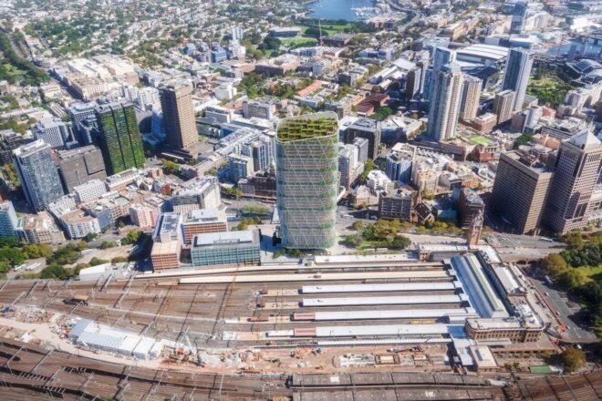 aerial rendering of 40-story tower with green roof