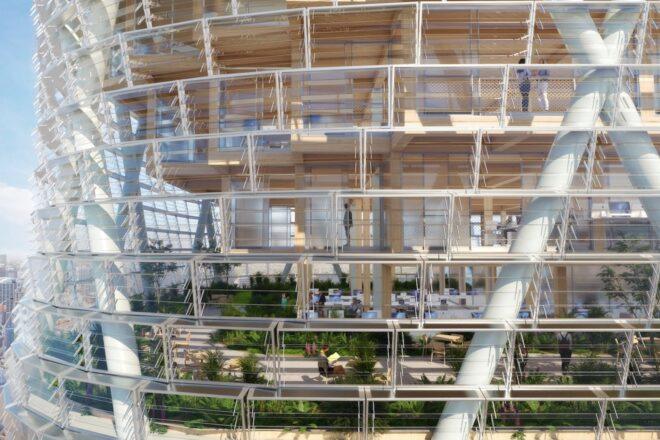rendering of transparent facade revealing floors of offices filled with plants