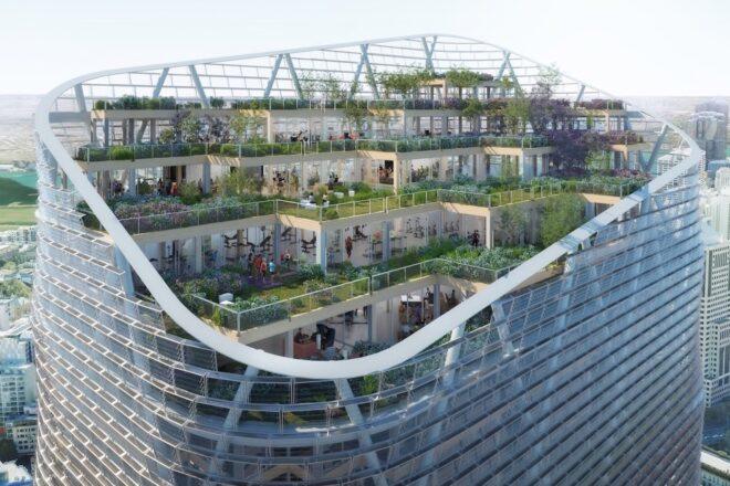 stepped gardens on roof of a skyscraper