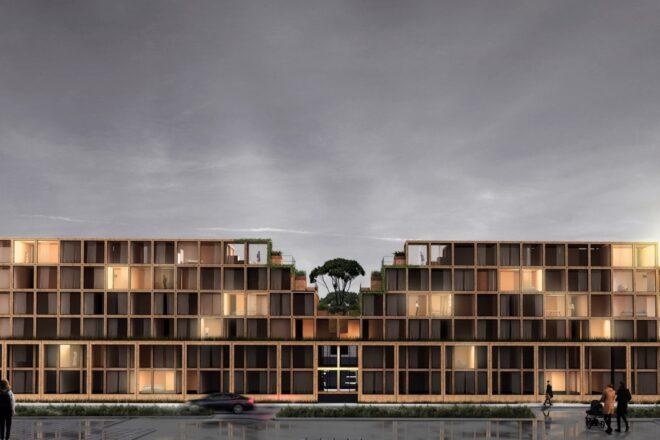 multistory building made from stacked wood cube volumes