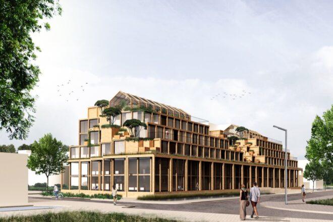 rendering of elongated wood building