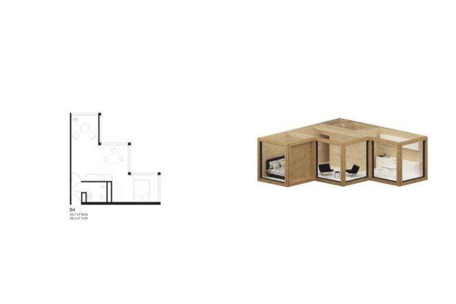 floor plan for a staggered wood cube building