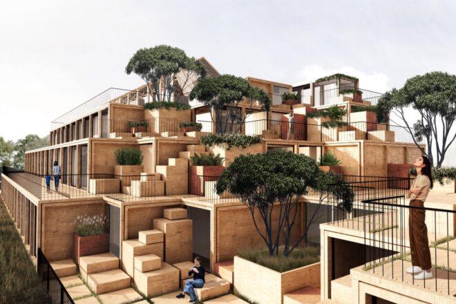 rendering of stacked prefab wood cubes
