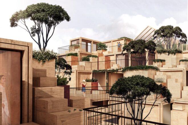 rendering of trees growing on building made of several wood cube volumes