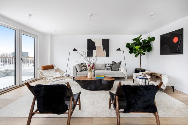 white room with black fur chairs and gray sofa