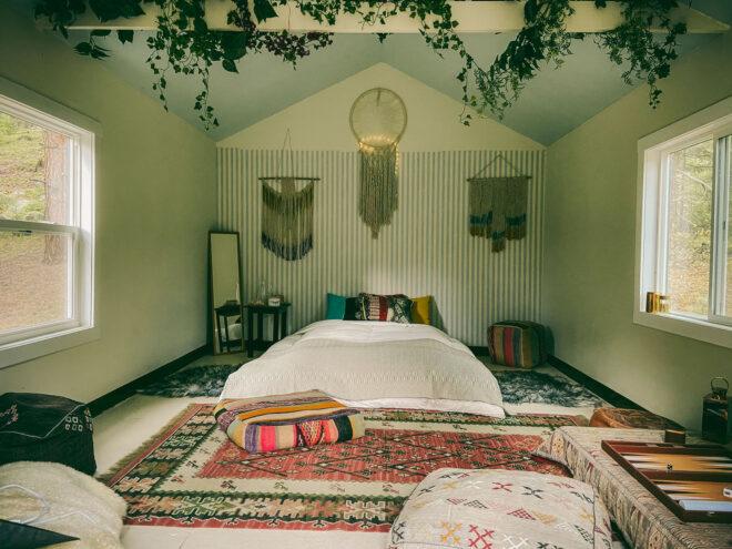 beige room with boho decor
