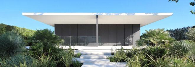 path leading to white and gray beach villa