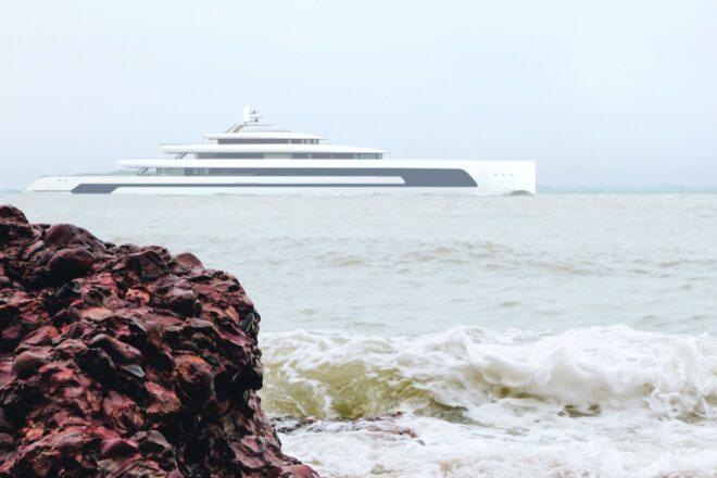 rendering of long yacht sailing on ocean