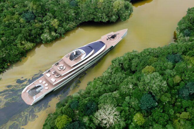 rendering of long, narrow, solar-powered yacht on a river