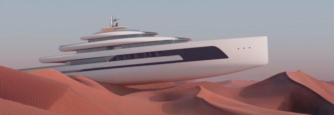 rendering of large yacht on sand dunes