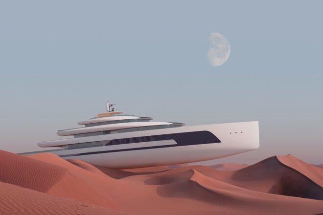 rendering of large yacht on sand dunes