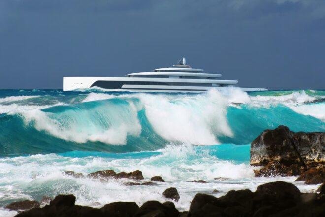 rendering of waves crashing and a long yacht on the horizon