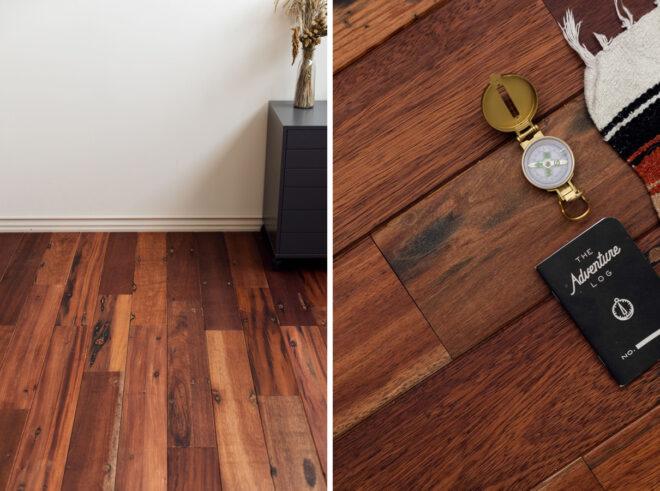 Richly hued brown floors against white walls