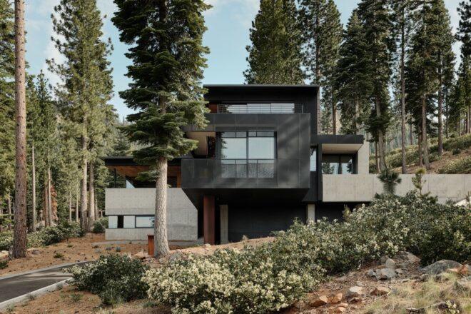a home with two light-colored, block-like structures flanking either side of a dark-colored block-like structure with windows. an alpine forest surrounds the home.