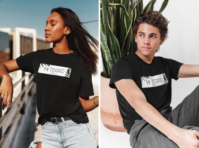Two people wearing black T-shirts with graphic that reads "Mi Terro"