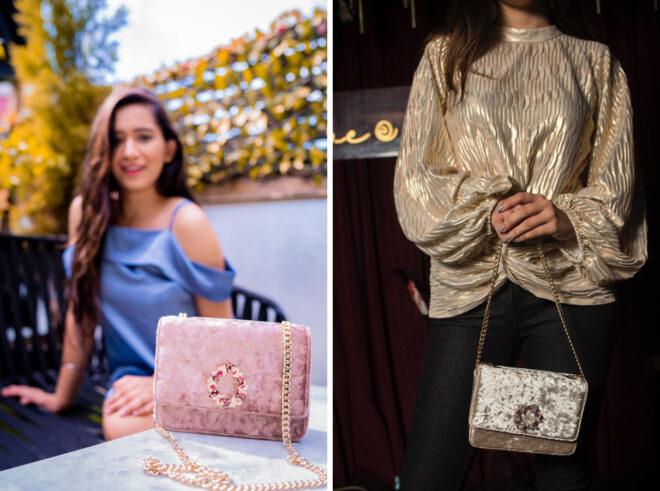 On the left, person sitting with pink velvet purse. On the right, person in gold blouse carrying a gold velvet purse