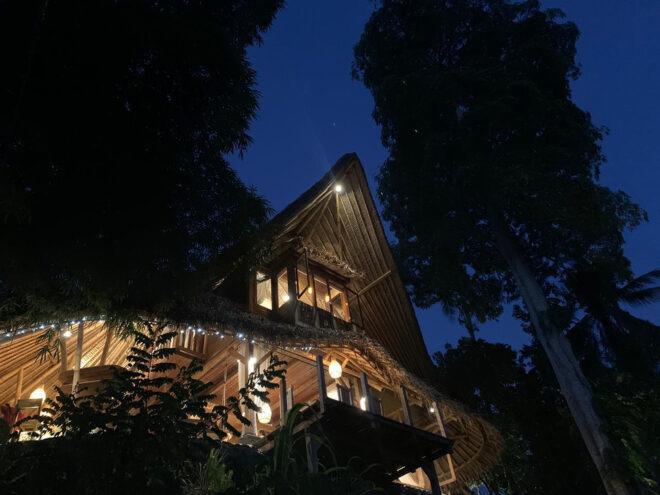 clay home with pitched grass roof at night